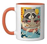 Japanese Raccoon Eating Ramen Noodles Bowl Anime Otaku Ceramic Mug, Orange/White