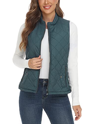 YESLIFE 2025 Forest Green Women's Outwear Quilted Vest With One Inside Pocket - Stand Collar Lightweight Padded Gilet for Women XXL