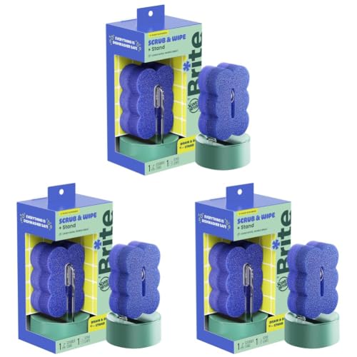 Image of Brite by Scotch-Brite Scrub & Wipe with Drain + Dry Stand, Kitchen Sponge for Washing Dishes, 1 Scrub Sponge (Pack of 3)