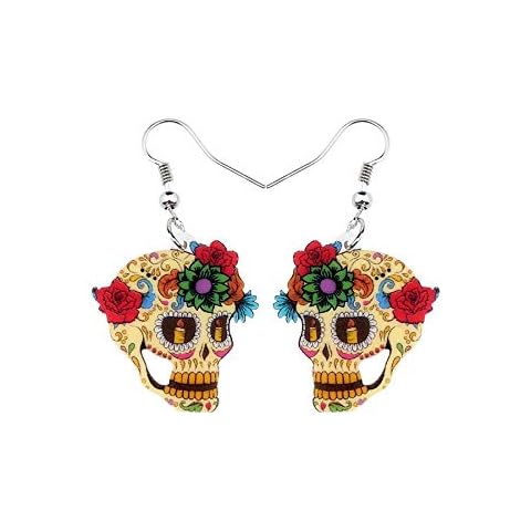 Acrylic Printed Floral Candy Sugar Skull Statement Drop Earrings with Vibrant Multicoloured Detail & Silver Finish Cover