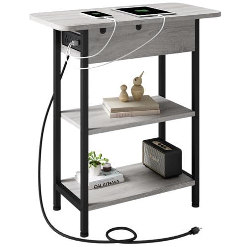 LIDYUK End Table with Charging Station and USB Ports, Light Grey
