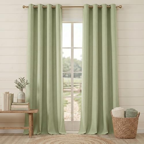 Anpark 100% Blackout Linen Sage Green Curtains for Bedroom 52x108 Inch Long