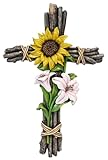 De Leon Collections 14131 Sunflower Floral Spring Flower Yellow, Pink, Brown 11.75 Inch Polyresin Wood Look Branch Decorative Home Décor Hanging Sculpture Wall Cross