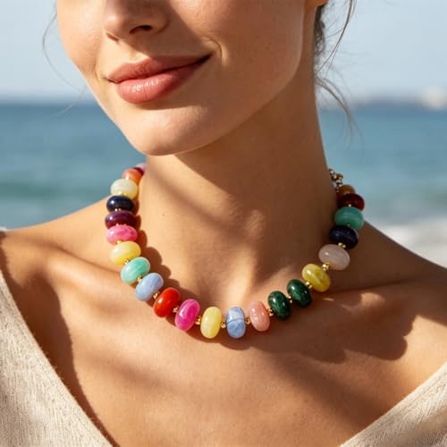 Bowdcvy Chunky Beaded Statement Necklace for Women Trendy Colorful Boho Resin Bead Choker Necklaces Summer Handmade Jewelry Gifts Accessories (Colorful - 4) — view 3
