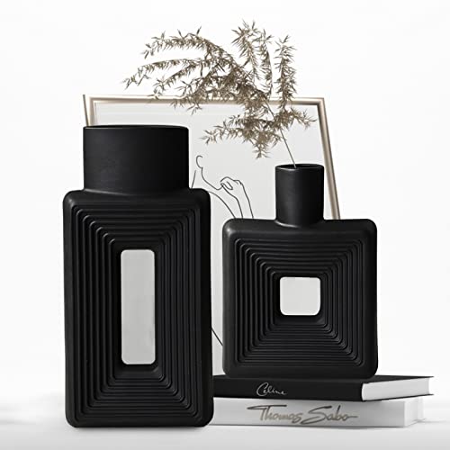 Black Ceramic Vase Set Of 2，Square Vase Rustic Home Decor Minimalist Nordic Boho Style For Living Room, Shelf , Table, Bookshelf, Mantel And Entryway Decor Vases #TOP3