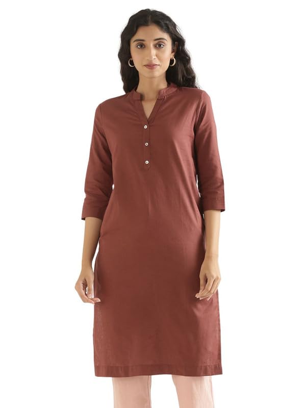 Image of SAADAA Women's Linen Straight Fit Straight Long Kurta Airy Plain Kurta, 3 /4 Sleeve, Knee Length Kurtis with Pockets, Casual and Office Wear