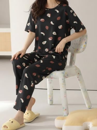 Image of Women's Korean Style Night Suit Set | Cotton Half Sleeve Top & Pyjama Set | Round Neck Printed Nightsuit | Comfortable Nightwear & Loungewear for Women | Sleepwear Pjs Lounge Set |Co-ords Outfit