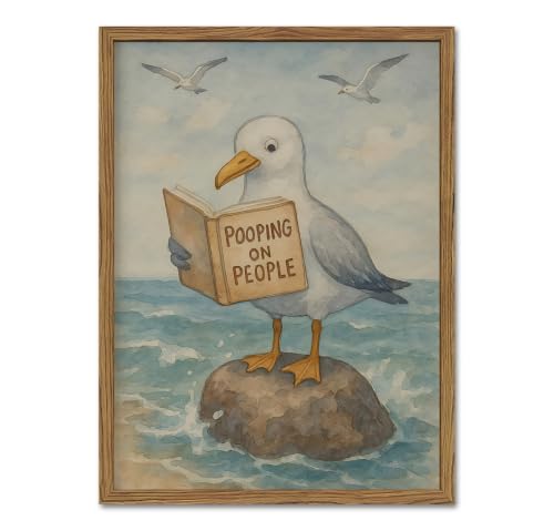 Funny Seagull Bathroom Wall Art Whimsical Bird Reading Wall Decor Picture Coastal Animal Pooping on People Quote Poster Canvas Painting Print for Bathroom Restroom 12x16 inch Wood Framed