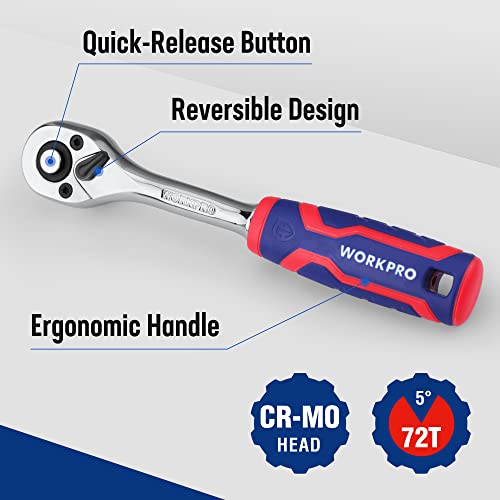 Workpro 1/4-Inch Drive Ratchet Wrench, 72-Tooth Reversible Ratchet, Quick-Release 1/4 Drive Ratchet Handle, Cr-Mo Head, Chrome Plated Finish #TOP5
