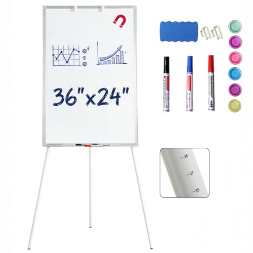 36x24 Tripod Whiteboard, Height Adjustable Magnetic Dry Erase Board, White