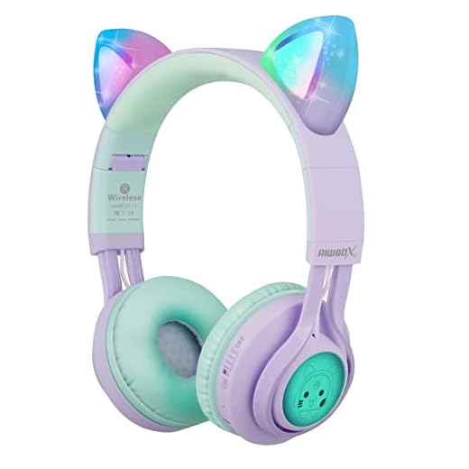 Riwbox Kids Headphones, CT-7S Cat Ear Bluetooth Headphones 85dB Volume Limiting,LED Light Up Kids Wireless Headphones Over Ear with Microphone for Laptop/PC/TV (Purple&Green)