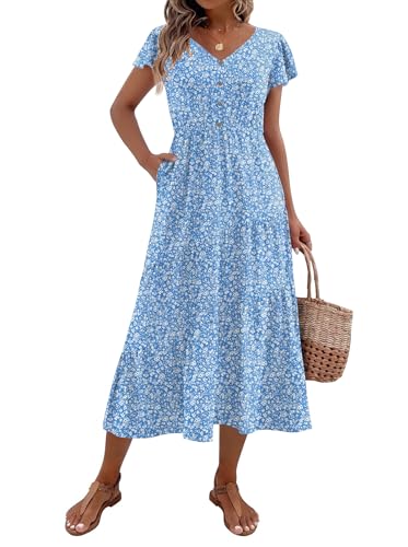 Image of Zeagoo Women's Summer Casual Dress Flutter Short Sleeve V Neck Button Down Tiered Flowy Long Dress with Pockets