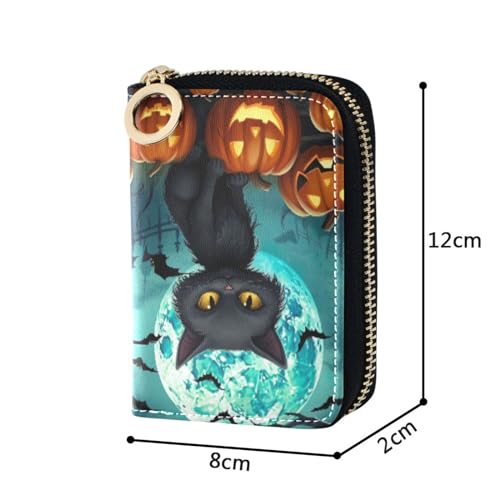Halloween Pumpkin Black Cat Credit Cards Holder Purse for Women with Zipper,Leather Business Card Wallets for Ladies202a05924