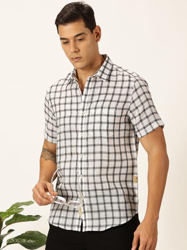 Image of Thomas Scott Men's | Checks | Half Sleeve | Slim Fit | Jute Linen | Spread Collar | Casual Shirt