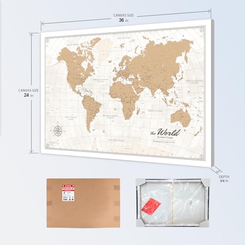 Image of IPIC - Vintage World Map Pin Board Canvas Wall Art, Travel Map with Pins Included, Ready to Hang for Home or Office, 36x24 Inch