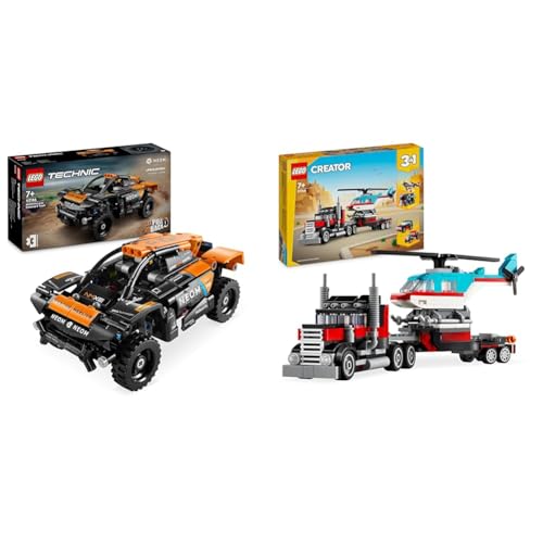 LEGO Technic NEOM McLaren Extreme E Race Car Set, Auto-Spielzeug mit Rückziehmotor & Creator 3in1 Tieflader mit Hubschrauber, Fahrzeuge-Set mit Helikopter- und LKW-Spielzeug