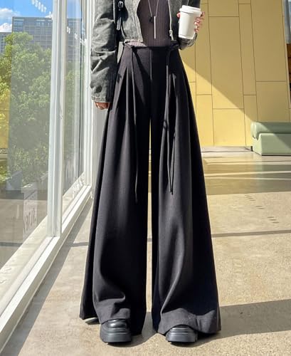 chouyatou Women's Winter Wool Wide Leg Palazzo Pants High Waisted Wool Blend Baggy Trousers Culottes2