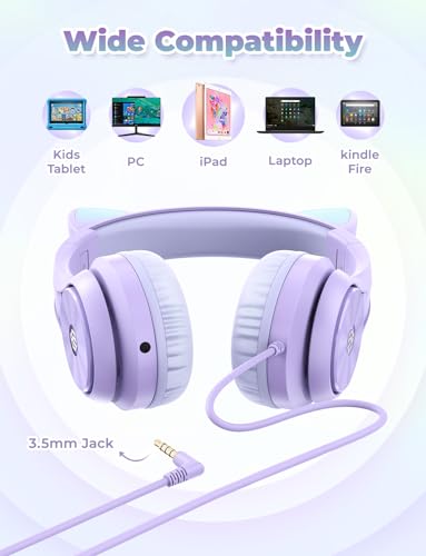 Image of iClever Kids Headphones with Cat Ear Led Light Up, Safe Volume Limite Kids Wired Headphones with FunShare Foldable Over-Ear Headphones for Kids /School /iPad /Tablet /Travel, Meow Donut-Purple
