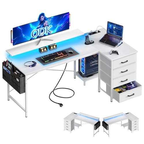ODK Escritorio Esquinero Reversible, 160x80x84.7cm Escritorio Gaming en L con LED, Mesa en L con 4 Cajón, Mesa de Ordenador con Puerto de Carga USB y Toma de Corriente para Hogar, Blanco