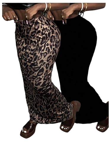 MakeMeChic Women's Party 2 Pack Leopard Print Maxi Skirt High Waist Bodycon Skirts