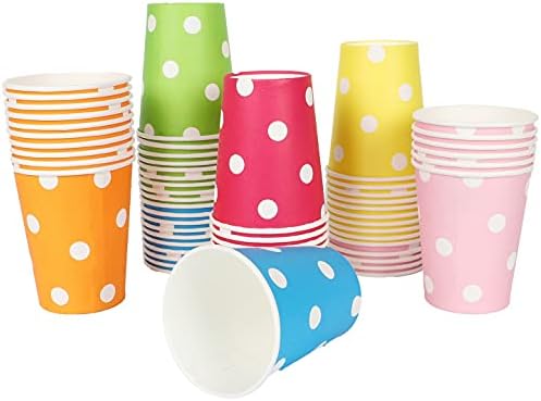 YANGTE 60-Piece Polka dot Paper Cup Party Cup, 9 Ounce Multi-Color Drinking Cup, Biodegradable, Suitable for DIY Holiday Wedding, Yellow, Blue, Rose red , Orange, red, Green, 6 Colors