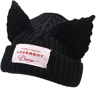 Cat Ear Beanie Y2K Cute Knit Hat with Ears Warm Crochet Hat Skull Cap for Women Men (Black)