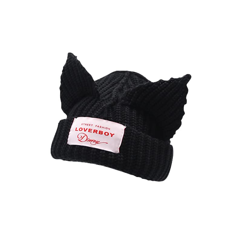 Bonnet oreilles de chat en laine tricotée pour femme, noir, M/L
