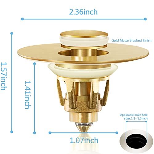 Image of Gold Bathroom Sink Stopper - Pop Up Drain Stopper & Strainer, 2-in-1 Universal Sink Stopper, Compatible with 1.1 inch to 1.5 inch Bathroom Sink Drain Pipes, Gold Matte Brushed Finish