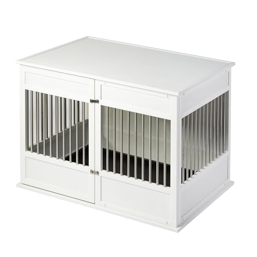 New Age Pet ECOFLEX Horizon Dog Crate & End Table, Modern Slatted Indoor Dog Kennel for Medium, Large & XL Dogs, Durable Composite, Antique White, X-Large