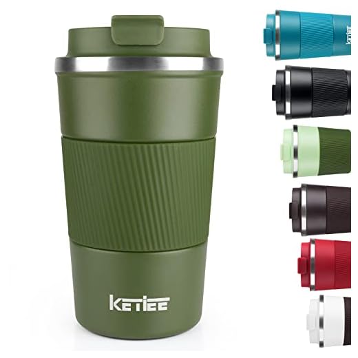 Resemuggar, KETIEE 510 ml isolerad kaffekopp med läckagesäkert lock, återanvändbara kaffekoppar resekopp, kaffe resemugg, dubbelväggig kaffemugg, rostfritt stål termisk mugg för varma kalla drycker, matt olivfärg