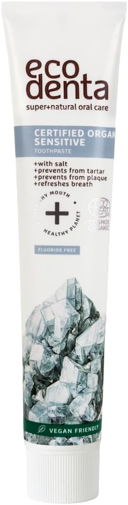 Ecodenta Organic Toothpaste Fluoride Free - Sensitivity Relief Tooth Paste with Salt and Aloe Vera Vegan Friendly 75ml