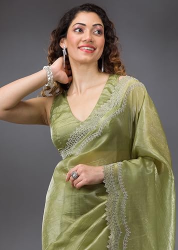 Image of TRENDMALLS Women's Tussar Silk Siroski With Zarkan Work Saree with Unstitch Blouse Piece