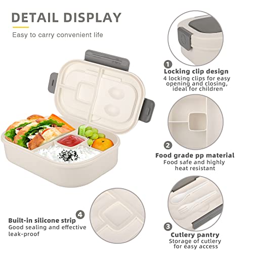 Bento Box For Kids,1.3L Bento Box Adult Lunch Box,Lunch Box Containers For Kids/Adults/Toddler,Bento Boxes With 4 Compartments&Utensiles,Leak Proof,Microwave/Dishwasher/Refrigerator Safe(White) #TOP3