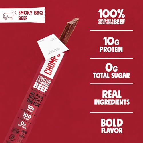 Chomps Grass-Fed and Finished Smoky BBQ Beef Jerky Snack Sticks 10-Pack – Keto, Paleo, Whole30, 10g Lean Meat Protein, Gluten-Free, Zero Sugar Food, Non-GMO