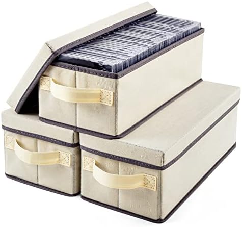 HATTERTOP CD Storage Box Set of 3, DVD Storage Case 14.2 x 6.3 x 5.5 Inch CD Case Storage with Lids & Handles to Store up to 165 Discs for Car Travel Home - Beige