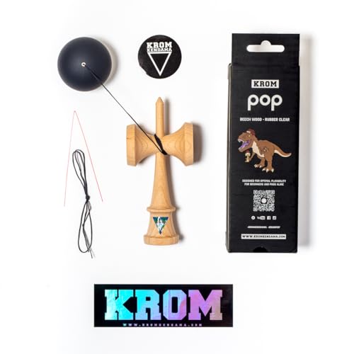 KROM Kendama POP Rubber Schwarz - aus zertifiziertem Buchenholz - Hohe Holzqualität - Für Anfänger und Profis - Pack : Ersatzschnur + Stickers