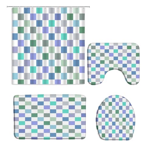 TQNNTQ 4PC Colorful Checkered Shower Curtain Cute Geometric Modern Rainbow
