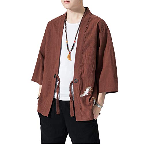 Image of PRIJOUHE Men's Kimono Jackets Cardigan Lightweight Casual Cotton Blends Linen Seven Sleeves Open Front Coat Outwear