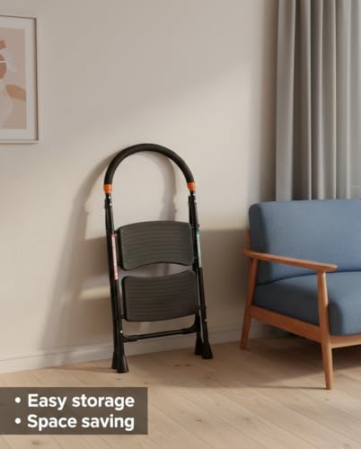 Image of FLIPZON Premium Alloy Steel Cameo Ladder, Foldable with Wide Anti-Slip Steps Durable, Heavy Duty | Guard Rail for Safety | with Anti-Slip and Advanced Locking System, 2 Steps (Black & Orange)