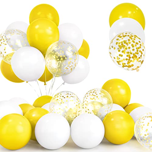 30Pcs Gelbes Luftballon Set, 12 Zoll Goldene Konfetti Ballons Gelbe und Weiße Helium Latex Luftballons mit Band für Geburtstag Hochzeit Kinder Baby Shower Party Dekorationen