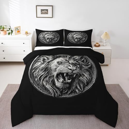 feelingyou Juego de edredón tamaño King con patrón de león, decoración de animales salvajes para niños, juego de ropa de cama para todas las estaciones, edredón negro y gris, decoración de león 3D