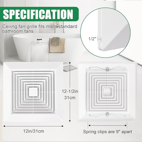 White (1 Piece 12" x12"Inch） Bathroom Exhaust Fan Cover with Spring, Square Ceiling or Wall Mounted Exhaust Fan, Ceiling Fan, Grille, Air Diffuser, Diverter Ventilation Hood, Replacement Accessories by TIHCXNY - Image 2
