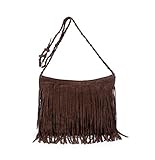 Größe: 34 x 11 x 29 cm Heyjewels Damen Tasche Schultertasche Umhängetasche mit Fransen Kunstwildleder 34x29x11cm (B x H x T) (Kaffee)