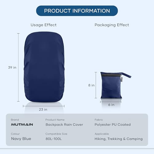 Image of MUTMAIN Waterproof 80L to 100L Rain Cover for Rucksack Backpack Bag, Suitable Bags Cover for Hiking, Camping & Trekking XXL Bag, Two Side Adjustable Buckle and Elastic Protect from Rain (Navy Blue)
