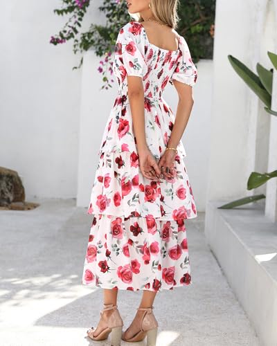 Image of BTFBM Womens Floral Smocked Summer Maxi Dresses | Square Neck Puff Short Sleeve Ruffle Tiered, 2026 Trendy Casual Sundress, Cruise Holiday Beach Vacation Wedding Guest Dress