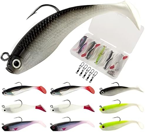 HOBOHY 10Pcs Jig Head Soft Plastic Fishing Lures, Crappie Jig Head Bait, with Paddle Tail Swimbaits for Saltwater Freshwater
