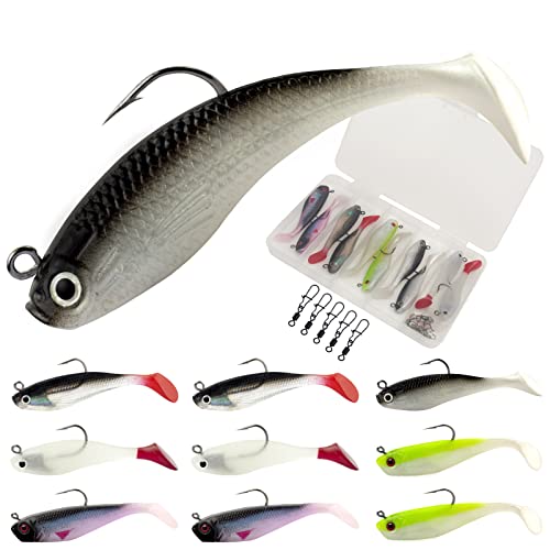 Hobohy 10Pcs Jig Head Soft Plastic Fishing Lures, Crappie Jig Head Bait, With Paddle Tail Swimbaits For Saltwater Freshwater #TOP22