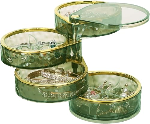Image of Women's, 4 Levels Transparent Jewellery Box with 360 Rotation, Women's Bedroom Jewellery Box and Different Divisions for Earrings, Rings, Necklaces and Bracelets (GREEN)