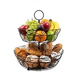 Relaxdays Obst Etagere, 2-st&ouml;ckig, Metall, HxD: 30 x 31 cm, Obst, Gem&uuml;se, mit Griff, runde Obstschale, Obstkorb, schwarz