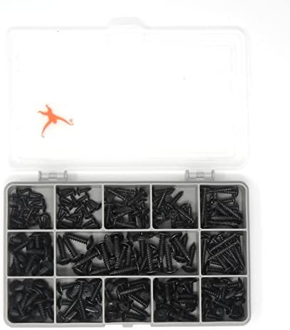 Monkeyjams' Shed | 215 Assorted Black Flange Self Tapping/Trim Screws - DIN4174 | No.4, No.6, No.8 and No.10 | Black Oxide Plated Steel